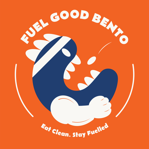 Fuel Good Bento logo: a navy bento character wearing a headband and flexing, with the words Fuel Good Bento and Eat Clean. Stay Fuelled